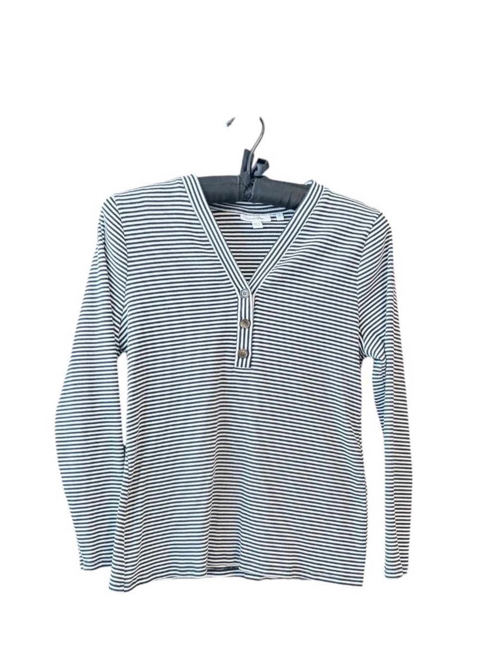 Chico's Navy & White Striped V-Neck Henley Long Sleeve Top